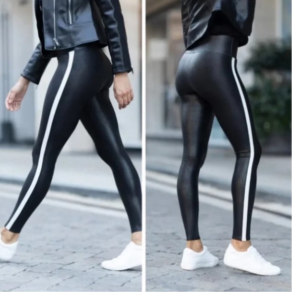 Like New Spanx Faux Leather Black & White Side Stripe Leggings - Picture 1 of 8